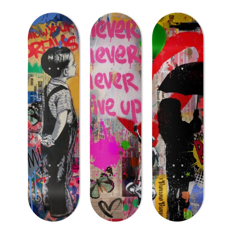 Déco Skate Board, Street Art, Mr Brainwash, Never give up Déco Skate Board, Street Art, Mr Brainwash, Never give up