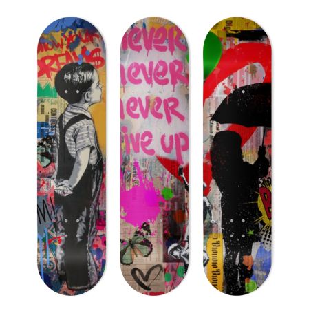 Déco Skate Board, Street Art, Mr Brainwash, Never give up