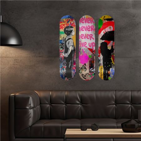 Déco Skate Board, Street Art, Mr Brainwash, Never give up Déco Skate Board, Street Art, Mr Brainwash, Never give up