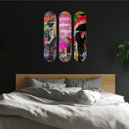 Déco Skate Board, Street Art, Mr Brainwash, Never give up Déco Skate Board, Street Art, Mr Brainwash, Never give up