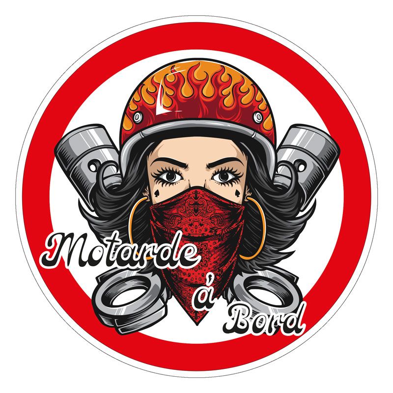 Sticker rond “Motarde à bord” – bordure rouge, humour et style