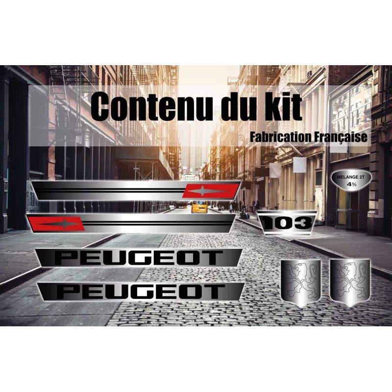 Kit autocollants Peugeot 103 1971 finition argentée ou dorée Kit autocollants Peugeot 103 1971 finition argentée ou dorée